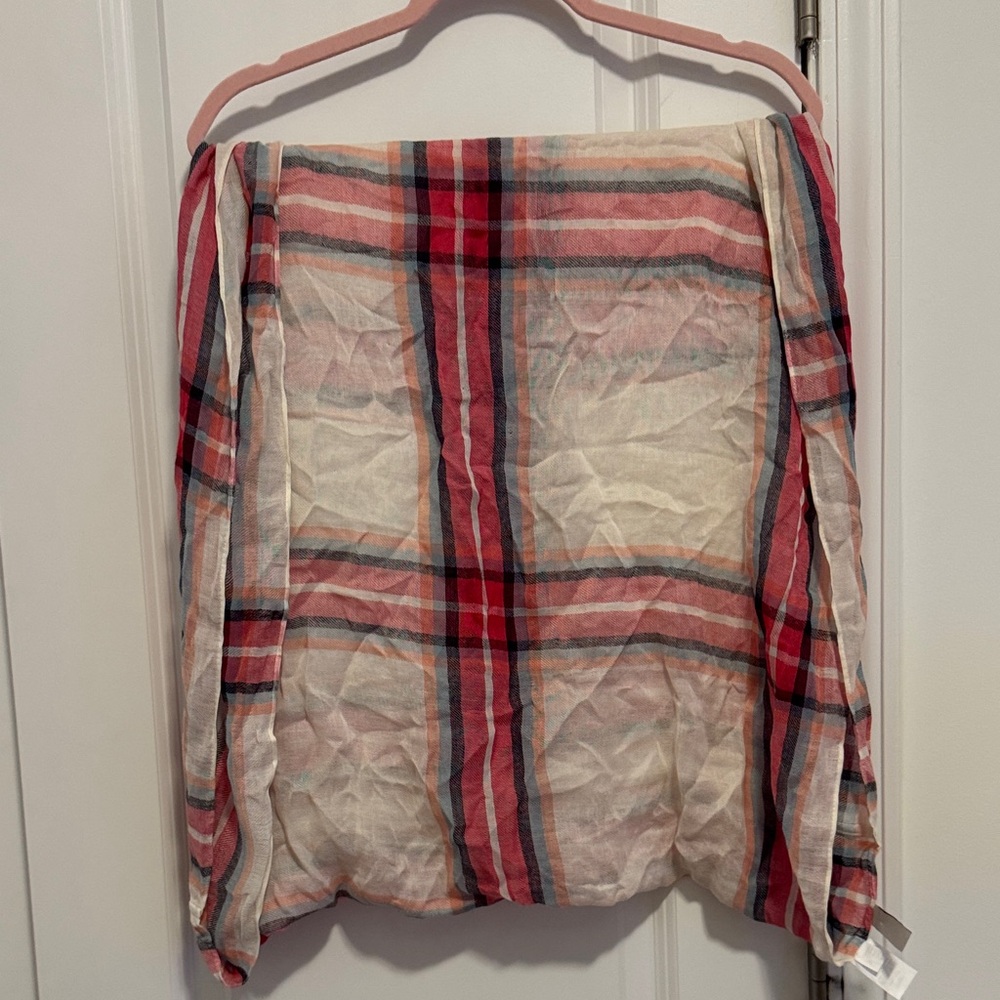 LOFT Vibrant Plaid Loop Scarf with Red and Pink Accents